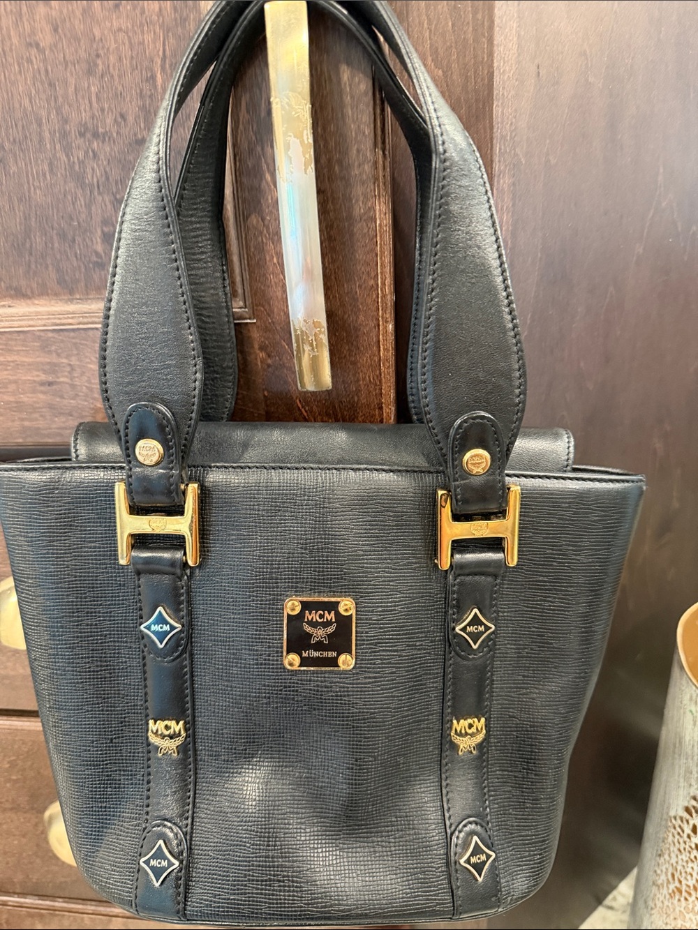MCM Black Leather Tote Bag with Gold Hardware